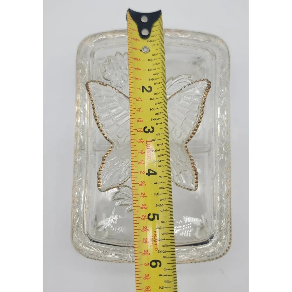 Vintage Glass Butterfly Trinket Cigarette Box /Card Set Gold Trim Vanity 3pc‎